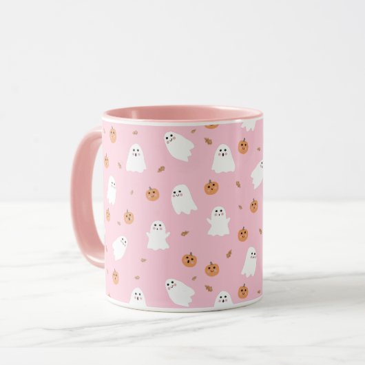 Schattigee Spook & Pompoen Roze Halloween Patroon Mok (Voorkant links)