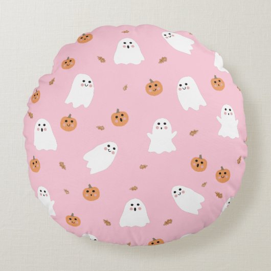 Schattigee Spook & Pompoen Roze Halloween Patroon Rond Kussen (Voorkant)