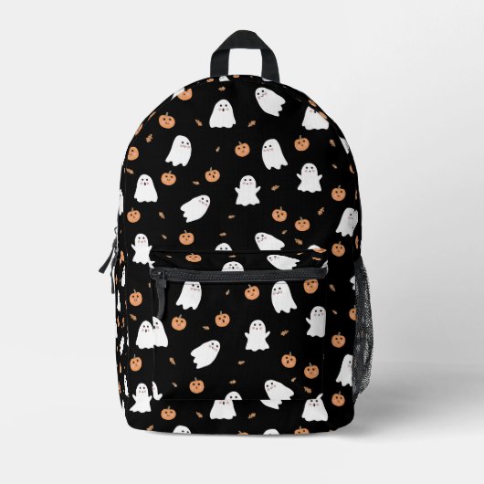 Schattigee Spook & Pompoen Zwart Halloween Patroon Bedrukte Rugzak (Voorkant)