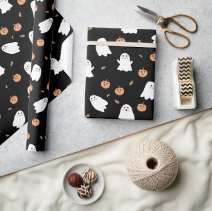 Schattigee Spook & Pompoen Zwart Halloween Patroon Cadeaupapier
