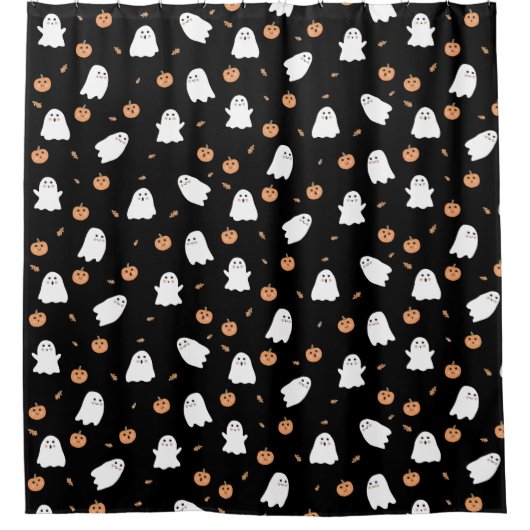 Schattigee Spook & Pompoen Zwart Halloween Patroon Douchegordijn (Voorkant)