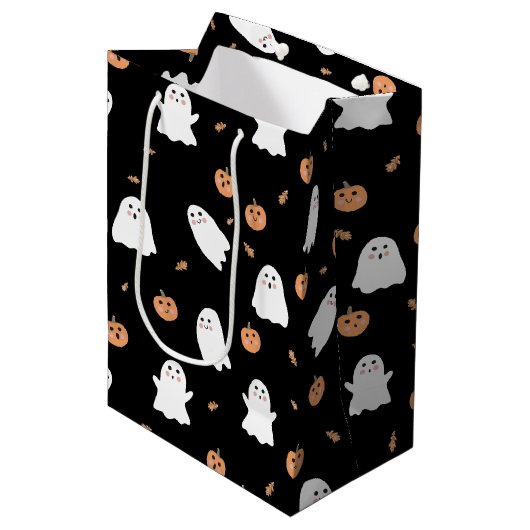 Schattigee Spook & Pompoen Zwart Halloween Patroon Medium Cadeauzakje (Voorkant Gekanteld)
