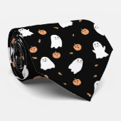 Schattigee Spook & Pompoen Zwart Halloween Patroon Stropdas (Opgerold)
