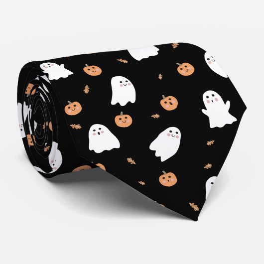 Schattigee Spook & Pompoen Zwart Halloween Patroon Stropdas (Opgerold)