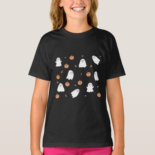 Schattigee Spook & Pompoen Zwart Halloween Patroon T-shirt (Voorkant)