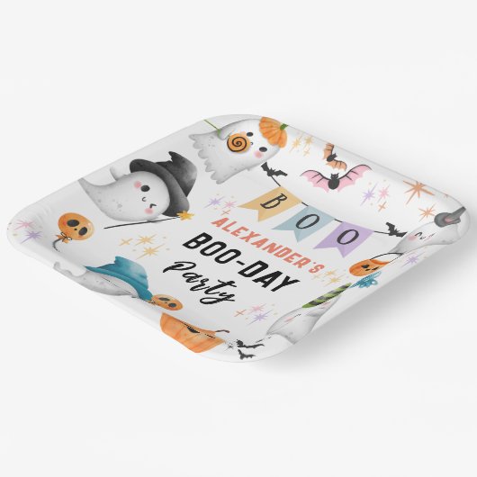 Schattigee spookachtige Halloween Verjaardagsjonge Papieren Bordje (Gebogen)