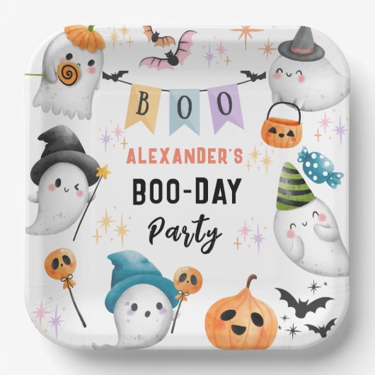 Schattigee spookachtige Halloween Verjaardagsjonge Papieren Bordje (Voorkant)