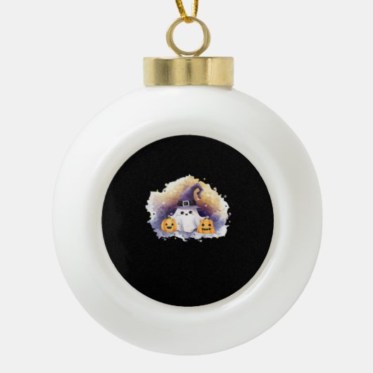 Schattigee spookkat met pompoenen - Kawaii Hallowe Keramische Bal Ornament (Voorkant)