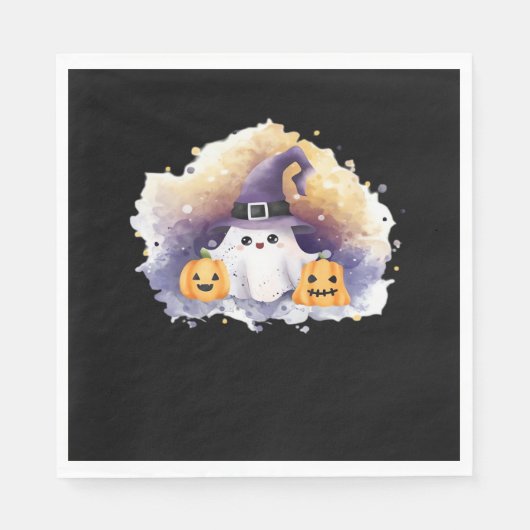 Schattigee spookkat met pompoenen - Kawaii Hallowe Servet (Voorkant)