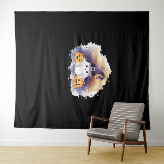 Schattigee spookkat met pompoenen - Kawaii Hallowe Wandkleed (In Situ (horizontaal))