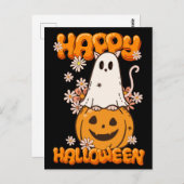 Schattigee spookkat pompoen bloemen gelukkig hallo briefkaart (Voorkant / Achterkant)