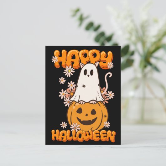 Schattigee spookkat pompoen bloemen gelukkig hallo feestdagenkaart (Staand voorkant)