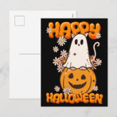 Schattigee spookkat pompoen bloemen gelukkig hallo feestdagenkaart (Voorkant / Achterkant)