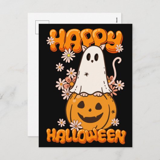 Schattigee spookkat pompoen bloemen gelukkig hallo feestdagenkaart (Voorkant / Achterkant)