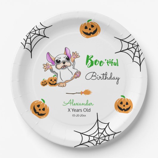 Schattigee spookpompoenen Halloween Happy Birthday Papieren Bordje (Voorkant)