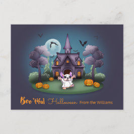 Schattigee spookpompoenen Haunted House Halloween Briefkaart
