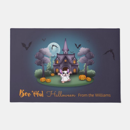 Schattigee spookpompoenen Haunted House Halloween Deurmat (Voorkant)