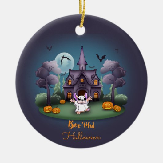 Schattigee spookpompoenen Haunted House Halloween Keramisch Ornament (Voorkant)