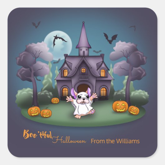 Schattigee spookpompoenen Haunted House Halloween Vierkante Sticker (Voorkant)