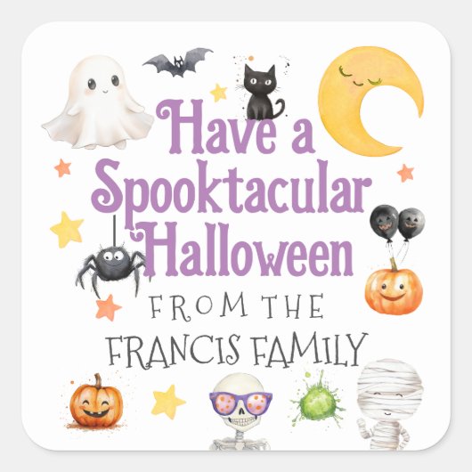 Schattigee Spooktaculaire Halloween Waterverf Vierkante Sticker (Voorkant)
