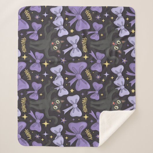 Schattigee Spooky Black Cat & Bow Naadloze Hallowe Sherpa Deken (Voorkant)