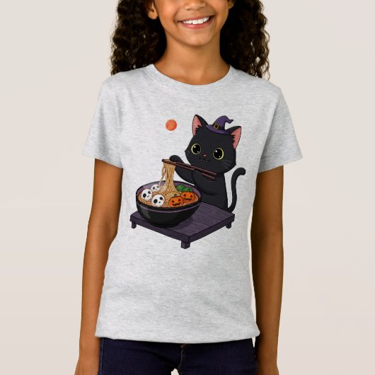 Schattigee Spooky Black Cat en Midnight Ramen T-shirt (Voorkant)