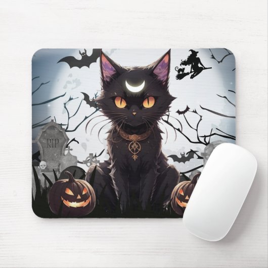 Schattigee Spooky Black Cat met maan. Muismat (Met muis)