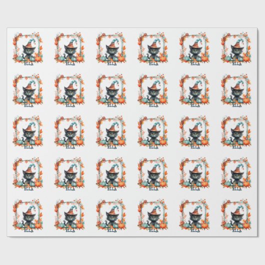 Schattigee Spooky Black Cat Witch Pet Pompoen Hall Cadeaupapier (Vlak)