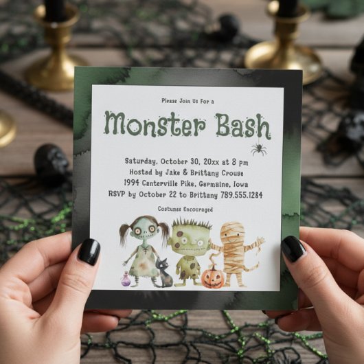 Schattigee Spooky Drie Monster Bash Halloween Part Kaart