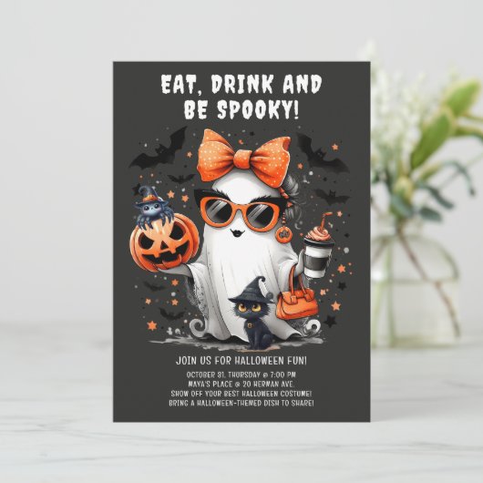 Schattigee Spooky Ghost Halloween-feestuitnodiging Kaart (Staand voorkant)