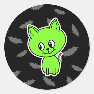Schattigee Spooky Green Cat met vleermuizen. Ronde Sticker