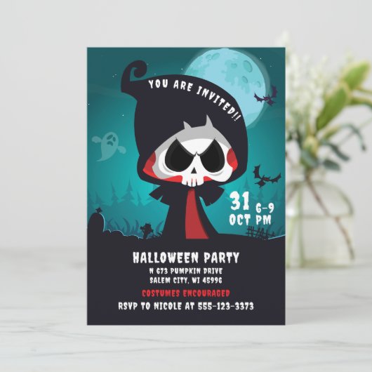 Schattigee Spooky Grim Reaper Halloween Trick or t Kaart (Staand voorkant)