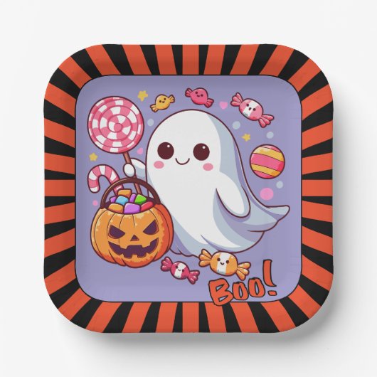 Schattigee Spooky Halloween Ghost, Pompoenen en Sn Papieren Bordje (Voorkant)