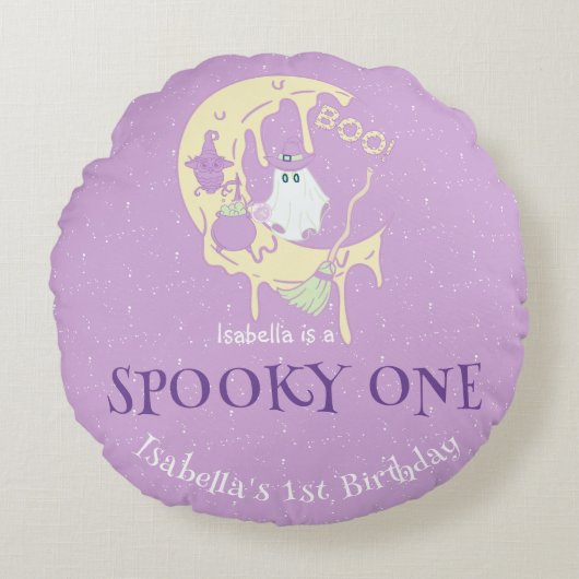 Schattigee Spooky One 1st Birthday Baby Girl Hallo Rond Kussen (Voorkant)