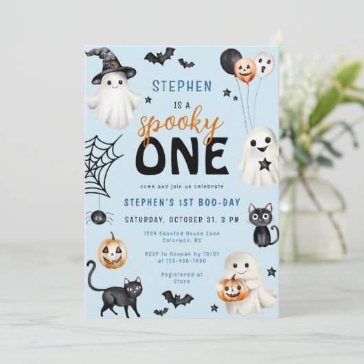 Schattigee Spooky One Blue Halloween Boy 1st Birth Kaart (Staand voorkant)