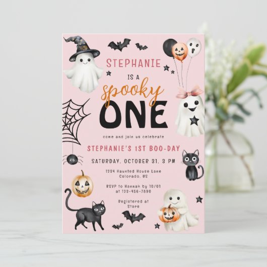 Schattigee Spooky One Pink Halloween Girl 1e Verja Kaart (Staand voorkant)