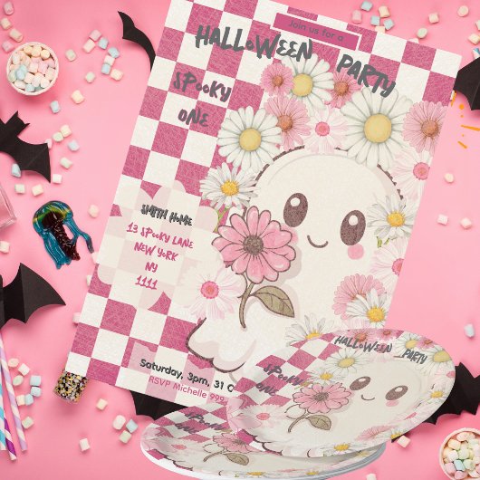 Schattigee Spooky Pink Daisy Halloween Party Invit Papieren Bordje