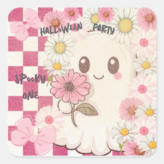 Schattigee Spooky Pink Daisy Halloween Party Invit Vierkante Sticker (Voorkant)
