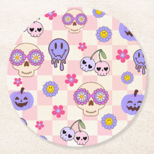 Schattigee Spooky Vibes Groovy Ghost Halloween Ronde Kartonnen Onderzetter