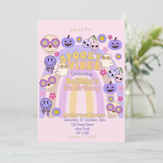 Schattigee Spooky Vibes Groovy Ghost Halloween Ver Kaart (Staand voorkant)