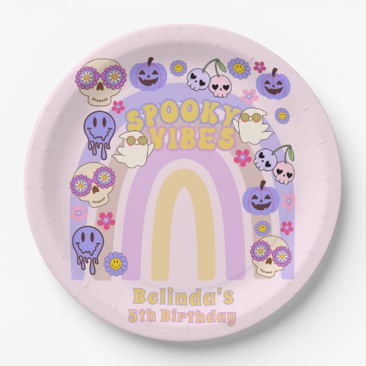 Schattigee Spooky Vibes Groovy Ghost Halloween Ver Papieren Bordje (Voorkant)