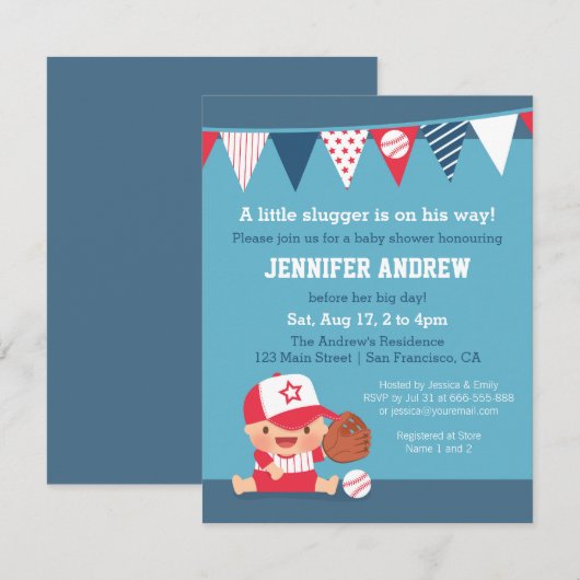 Schattigee Sport Boy Baseball Baby Shower Uitnodig Kaart (Voorkant / Achterkant)