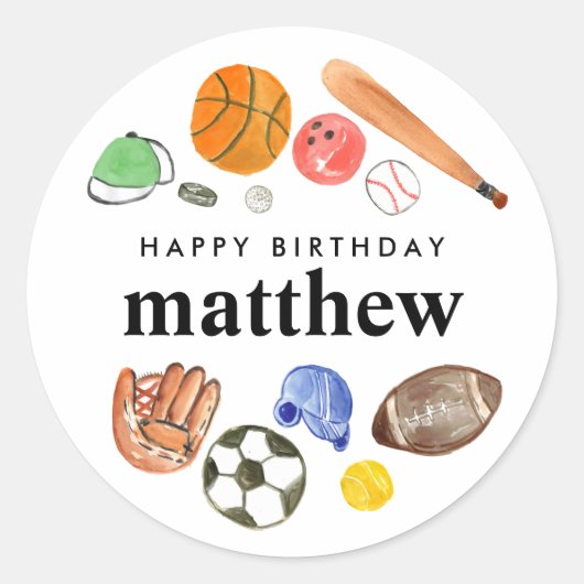 Schattigee sportballen Kind Boy Happy Birthday Fav Ronde Sticker (Voorkant)