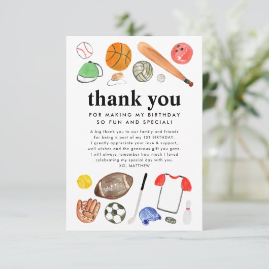 Schattigee sportballen Kinder jongen Verjaardag Da Bedankkaart (Staand voorkant)