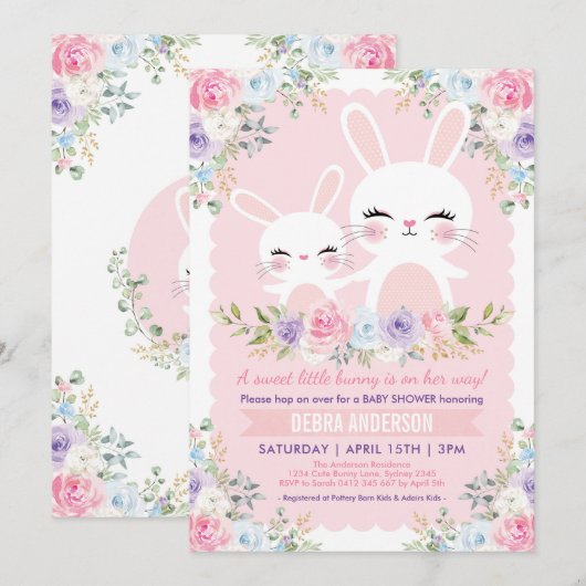 Schattigee Spring Bunny Baby shower Waterverf Bloe Kaart (Voorkant / Achterkant)