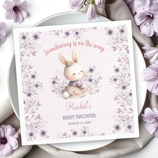 Schattigee Spring Bunny Paarse Bloemen Meisje Baby Servet