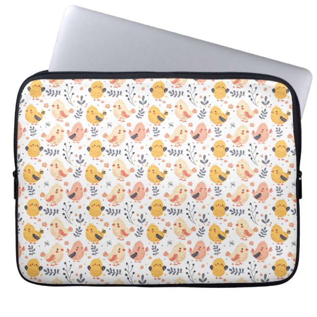 Schattigee Spring Chicks en Bloemenpatroon Laptop Sleeve (Voorkant)