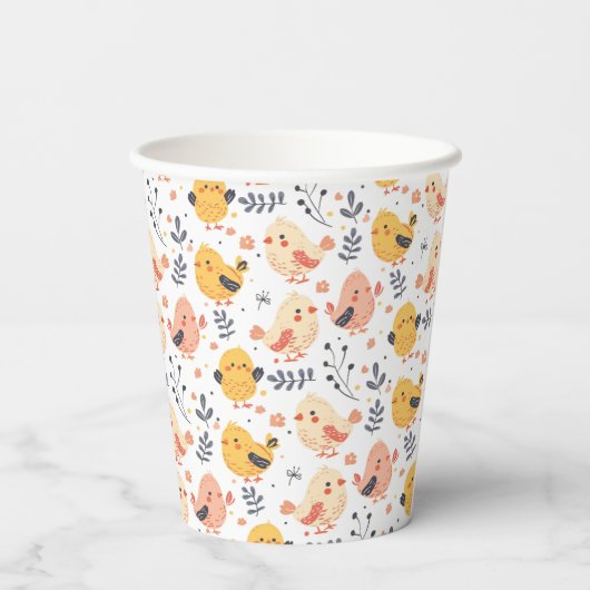 Schattigee Spring Chicks en Bloemenpatroon Papieren Bekers (Achterkant)