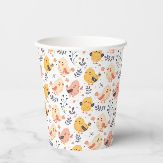 Schattigee Spring Chicks en Bloemenpatroon Papieren Bekers (Voorkant)