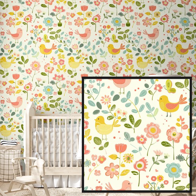 Schattigee Springtime Flowers & Birds on Cream Behang (Creator heeft geüpload)
